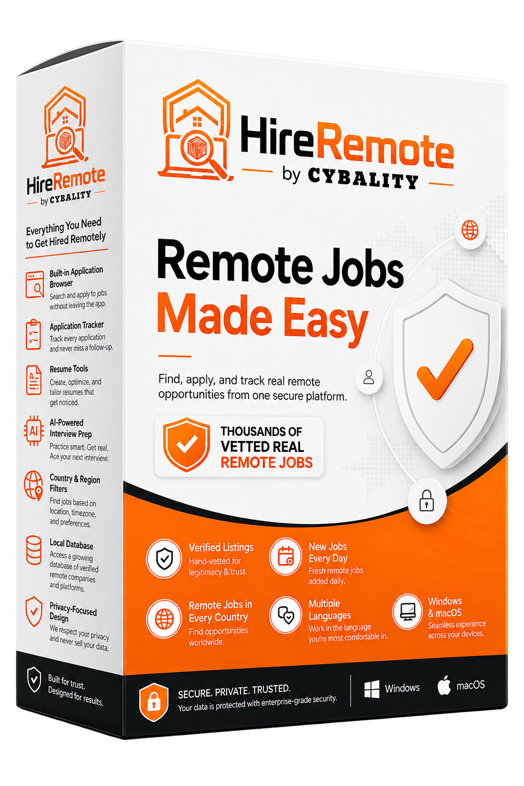 HireRemote by Cybality product box showing remote-job discovery, application tracking, resume tools, interview prep, worldwide jobs, and privacy features